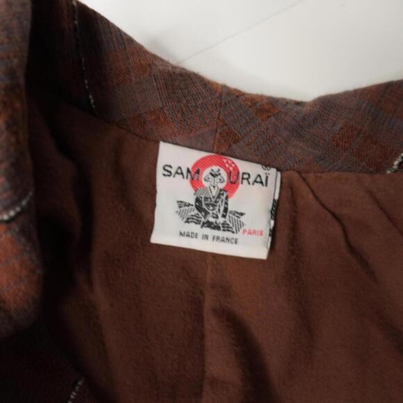 Vintage 80s French Designer Brown Blazer Jacket Plaid Dramatic Academia Punk XL - Picture 3 of 11